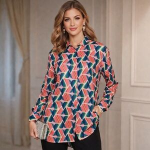 Part & Parcel Orange Green Geometric Hidden Button Front High Low Blouse Size 1X